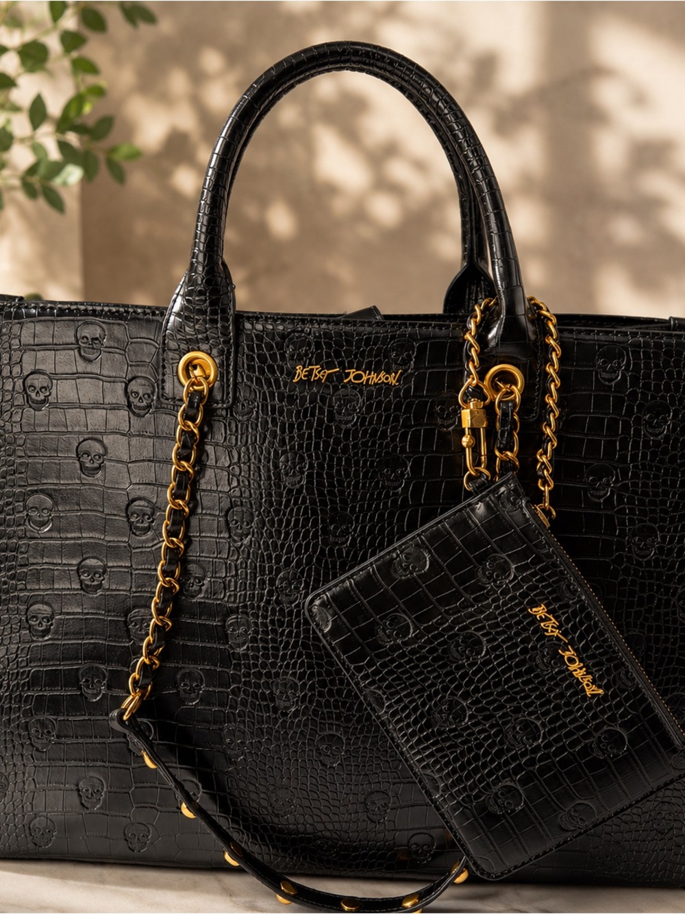 Betsey Johnson Black Croc-Embossed Tote with Gold Chain Accents - Picture 1 of 11